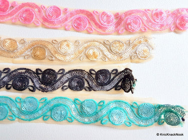 Beige Net Lace Trim With Blue Embroidery And Sequins, Approx. 35mm wide